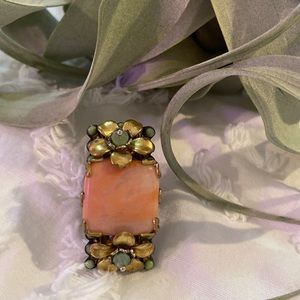 Vintage Square Coral and Green Beaded Floral Bronze Ring